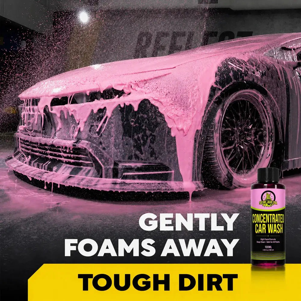 SERLAVEXA concentrated car wash liquid bottle with pink foam on a black sports car