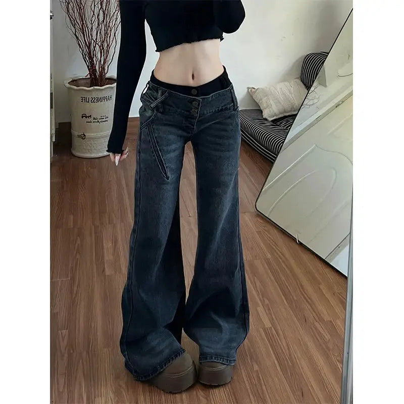 American Retro Low Waisted Jeans For Women Spicy Washed Flared Pants