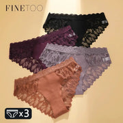 Finetoo lace hollow-out underwear set, 3 pieces, low-waist floral briefs in assorted colors