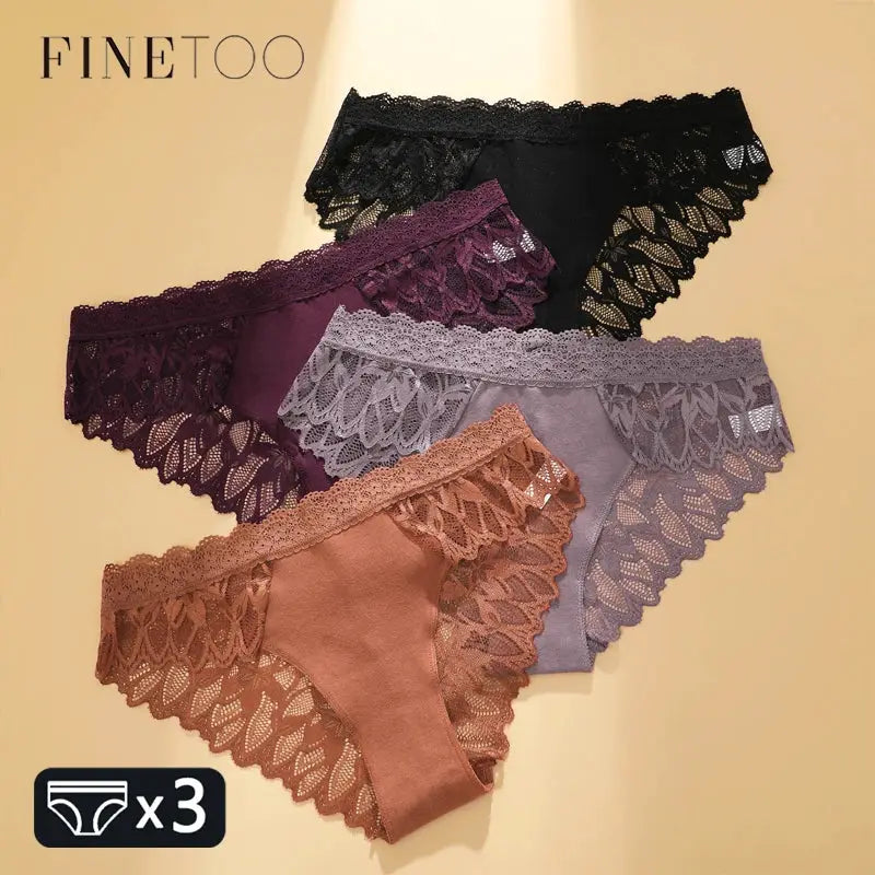 Finetoo lace hollow-out underwear set, 3 pieces, low-waist floral briefs in assorted colors