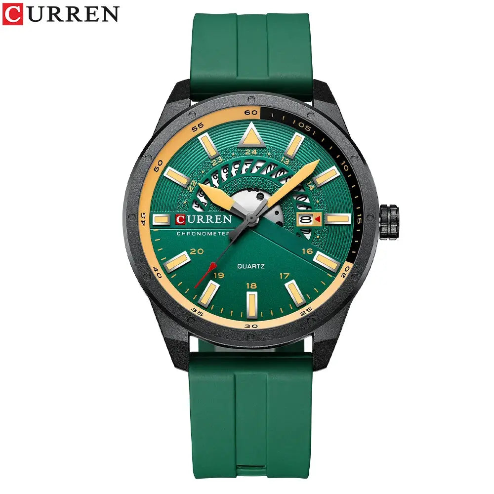 Curren men's watch with green dial and green silicone strap, gold-tone markers and date window