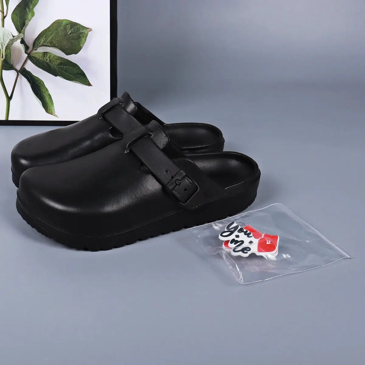 Simples Market black EVA slides with buckle straps and chunky sole