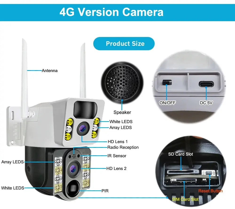 Simples Market 8MP/4K wireless solar camera with 4G, dual lens, white outdoor IP camera with PIR night vision