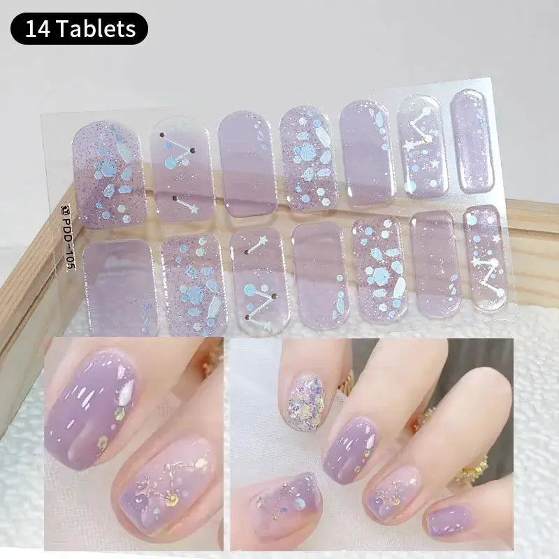 Simples Market full-cover nail stickers set, self-adhesive purple glitter with blue splatters, 14 tablets.