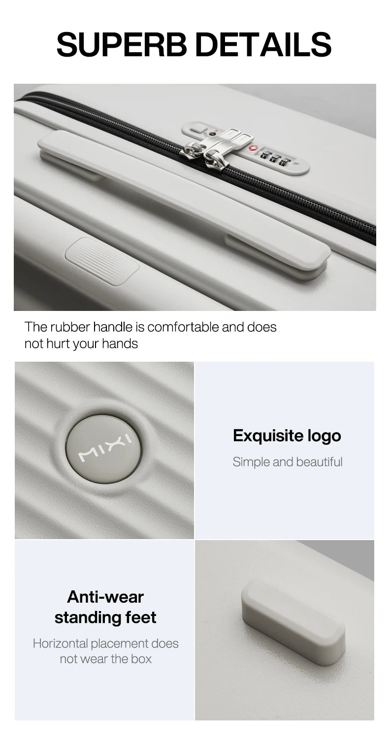 Mixi travel luggage suitcase with wide rubber handle, light gray PC hardside and TSA lock.
