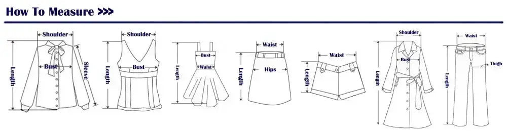 Women's garment measurement guide diagram with silhouettes and arrows for shoulder, bust, waist, hips, and length.