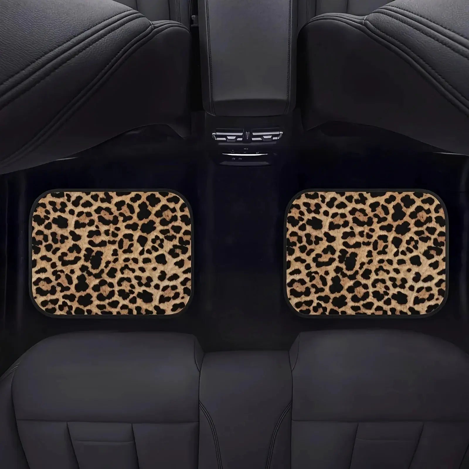 Leopard print all-weather car floor mats pair for front and rear seats; universal fit.