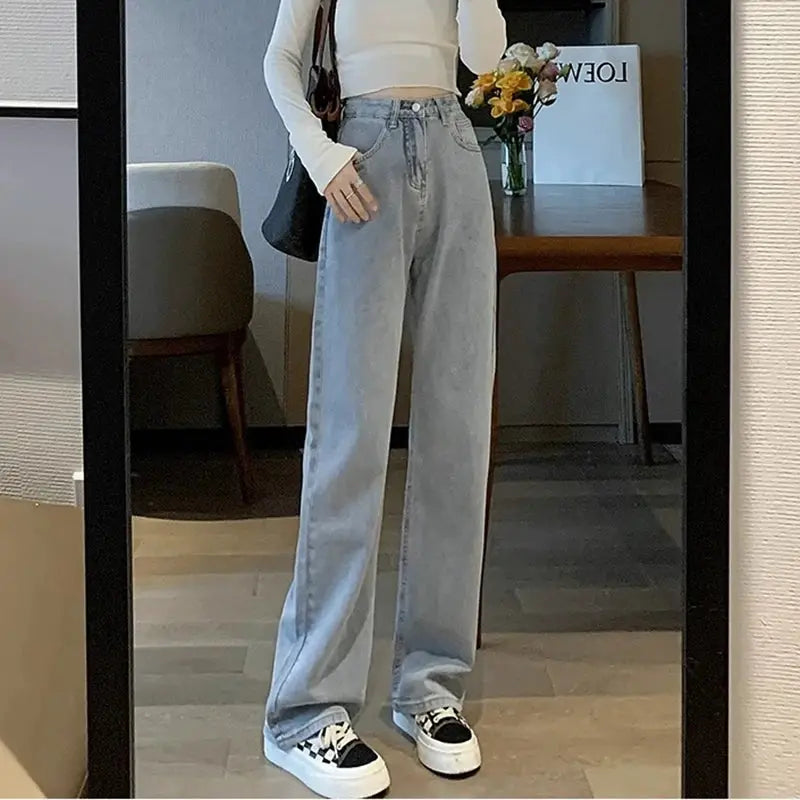 Womens Vintage Wide Leg Jeans High Waist Denim Pants Black Grey Blue