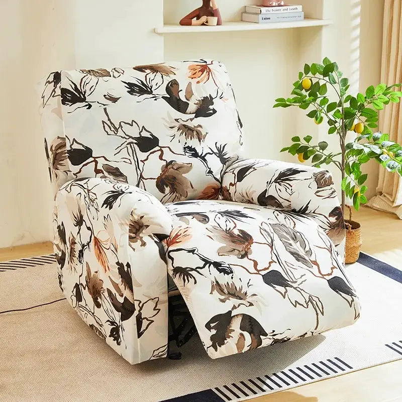 Elastic recliner sofa cover printed slipcover in cream with brown leaf pattern, Simples Market