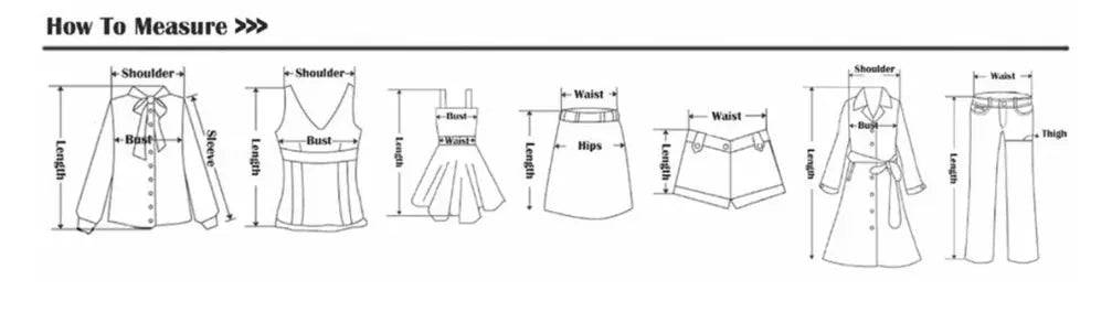 Clothing measurement guide with diagrams for shoulder, bust, waist, hips, and length.