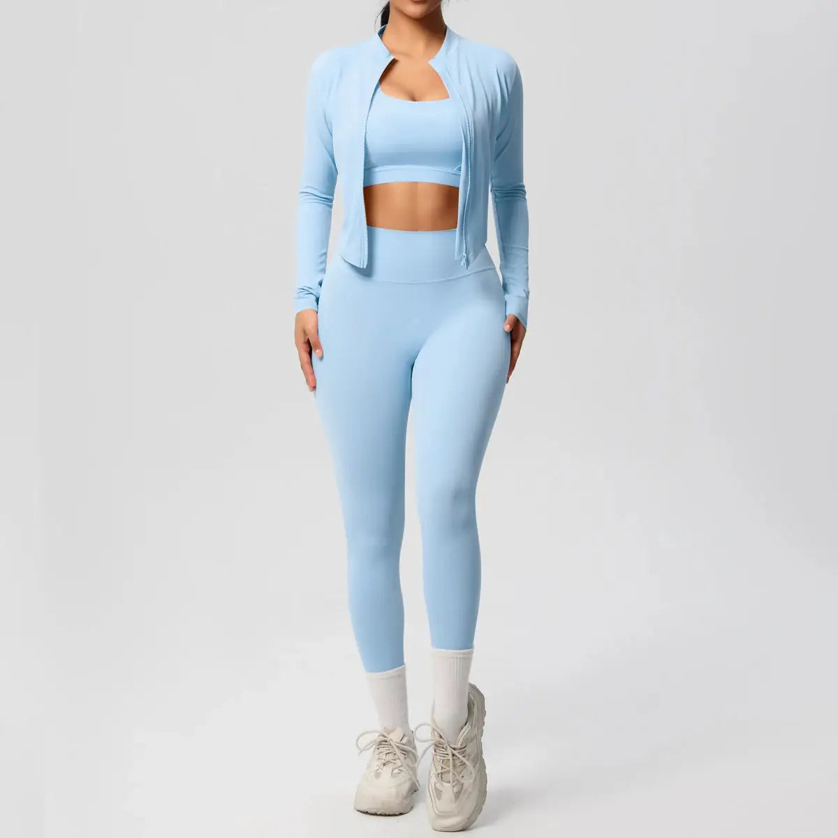 3 Piece Yoga Set for Women Sports Bra Zipper Jacket Leggings Gym Wear