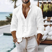 Cotton Linen Shirt for Men Breathable Summer Beach Style Solid Color Single Breasted Lightweight Button Front