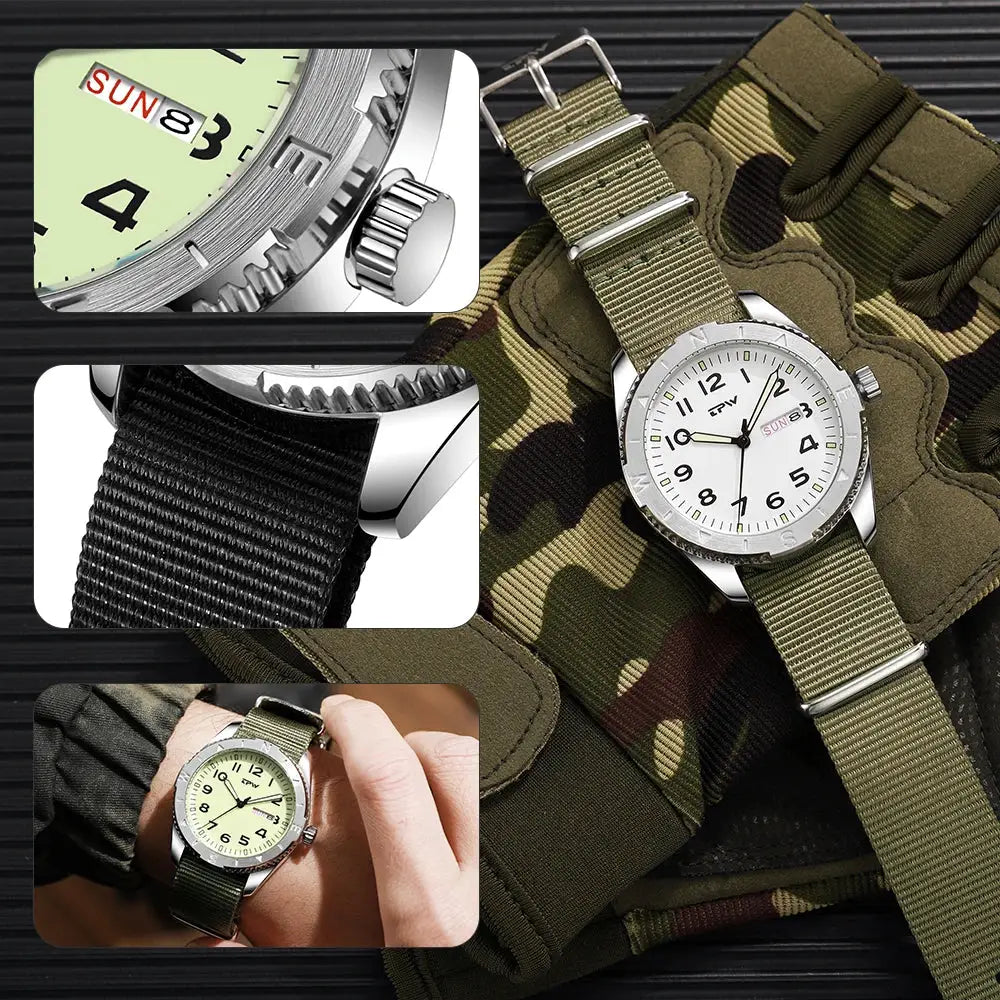 Simples Market TPW 40mm field watch with olive fabric strap, white dial, luminous rotating bezel, day/date.