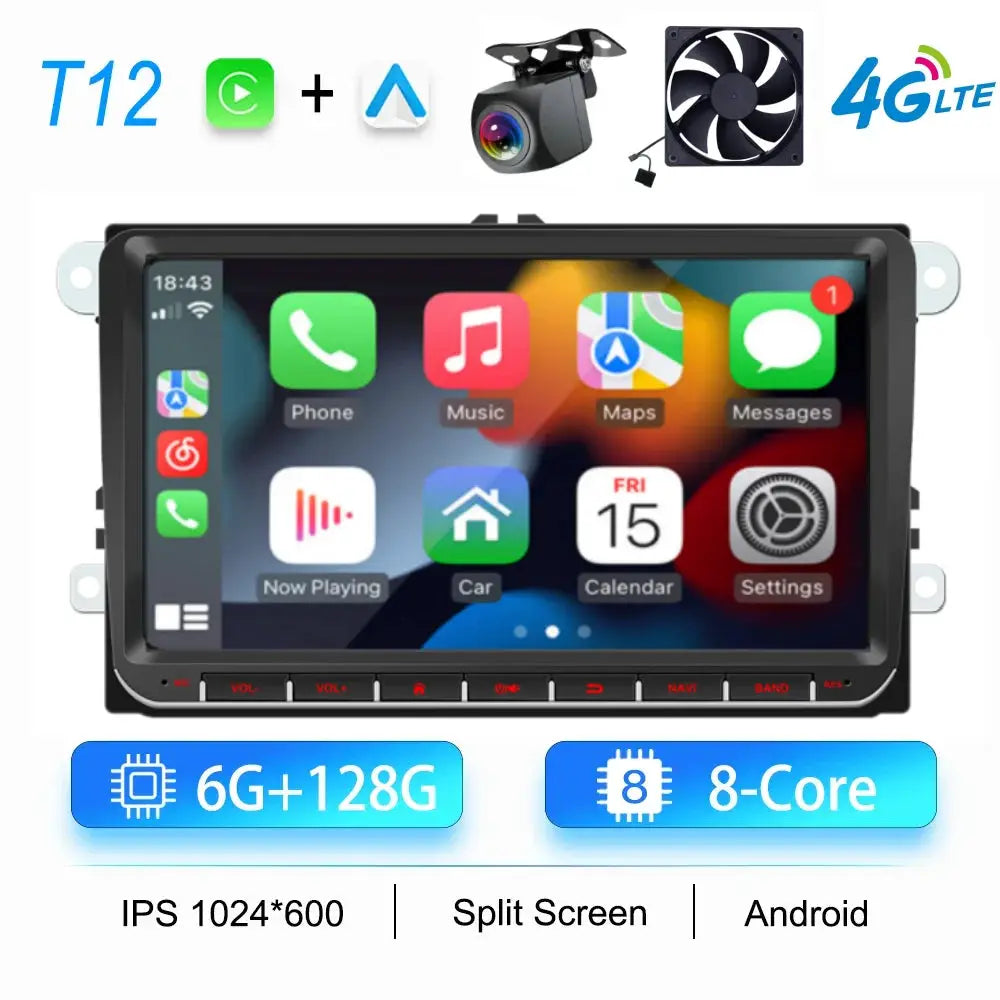 2Din Android car stereo by Simples Market for VW/Skoda, black multimedia head unit, 8-Core, 6G+128G, GPS