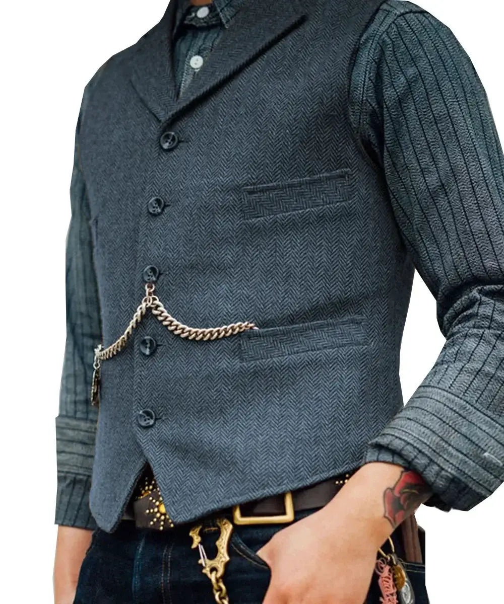 Wool tweed men's waistcoat by Simples Market, dark gray vest with chain accessory