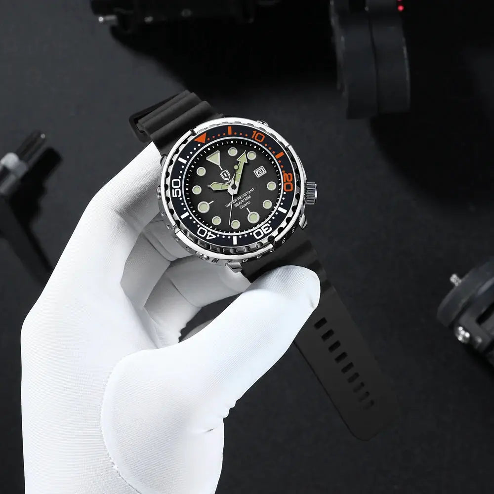 QINGXIYA sports men's quartz watch with black dial, luminous markers, orange-accent bezel and silicone strap