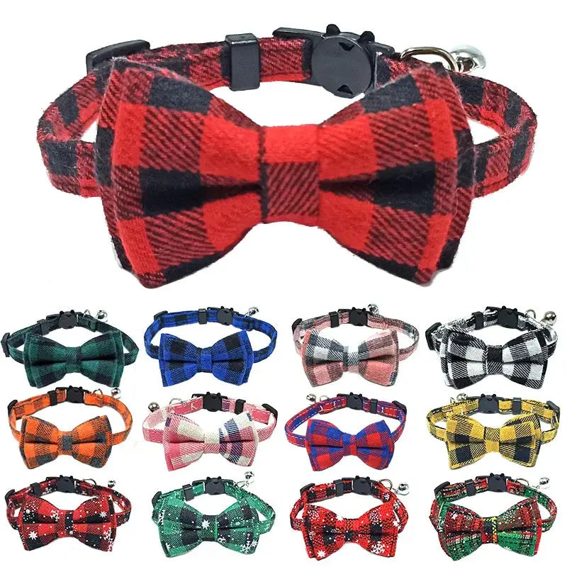 Pet Breakaway Cat Collar With Bow Tie And Bell Plaid Christmas Red Adjustable Elastic For Cats And Small Dogs