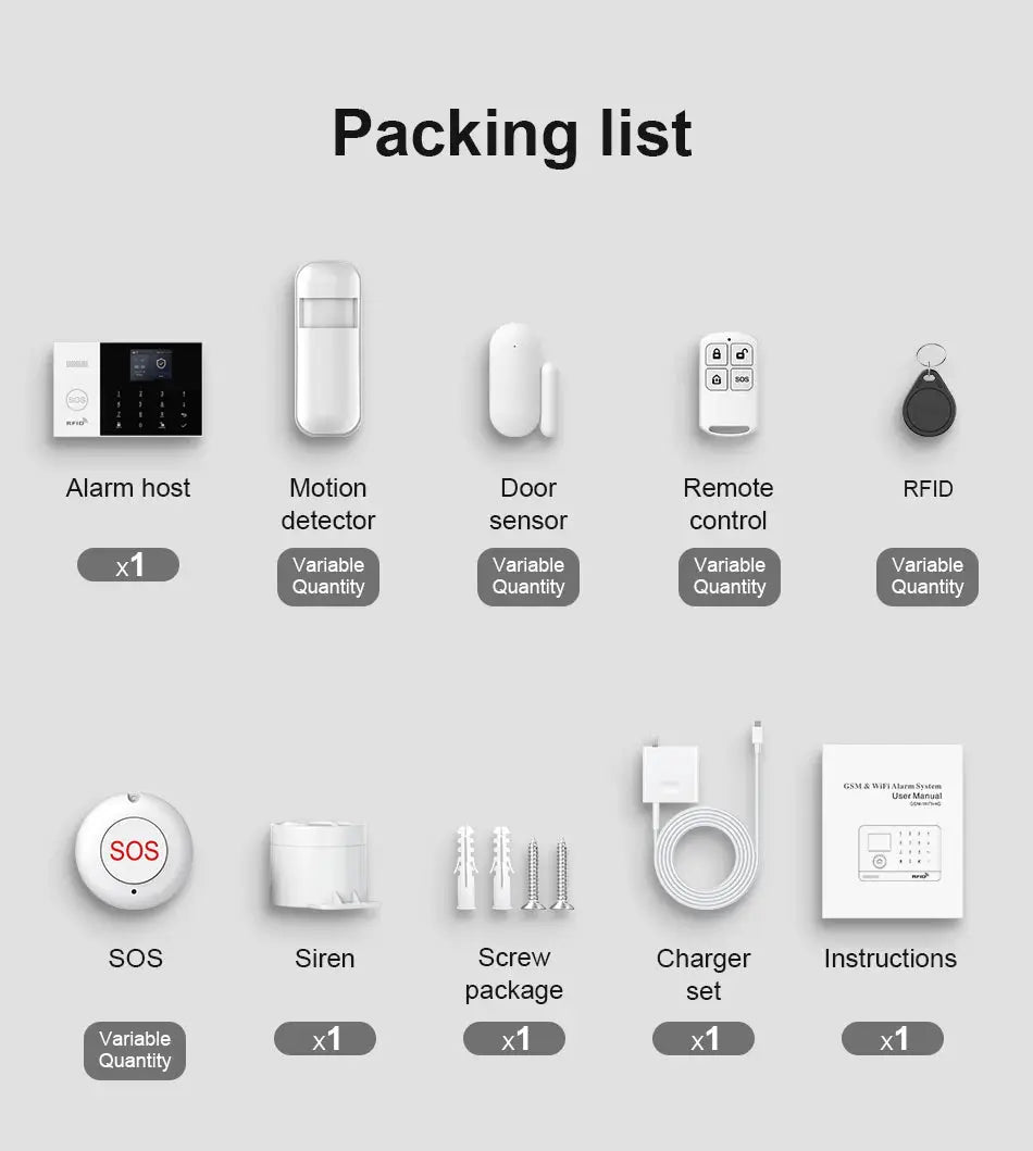 PGST WiFi 2G GSM home alarm kit packing list: 10 items incl alarm host, motion detector, door sensor, remote.