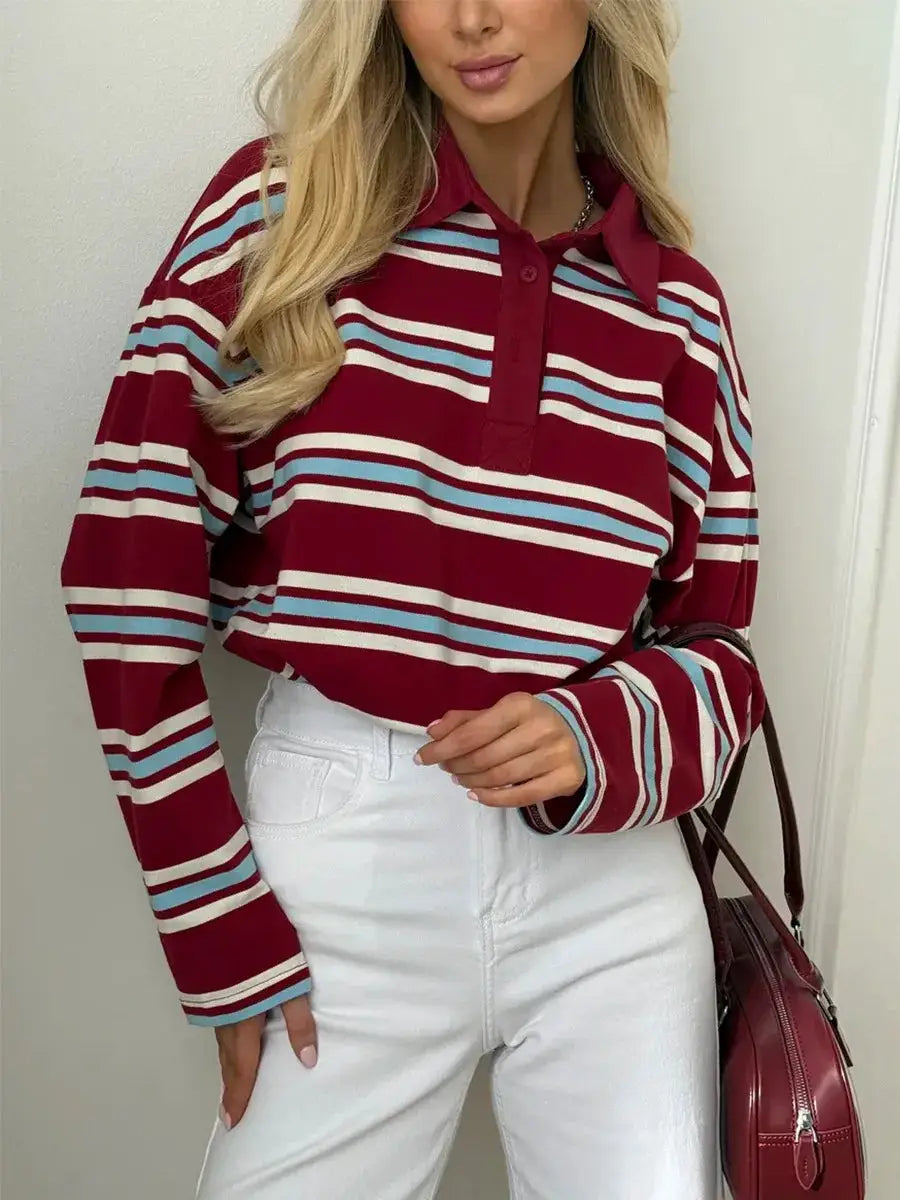 Autumn Striped Contrast Long Sleeve Polo Shirt For Women Button Lapel