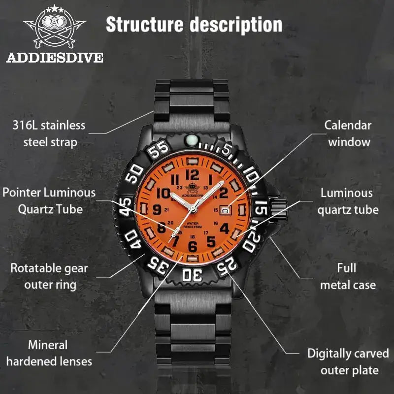 Addiesdive men's military watch with orange dial and 316L stainless steel strap