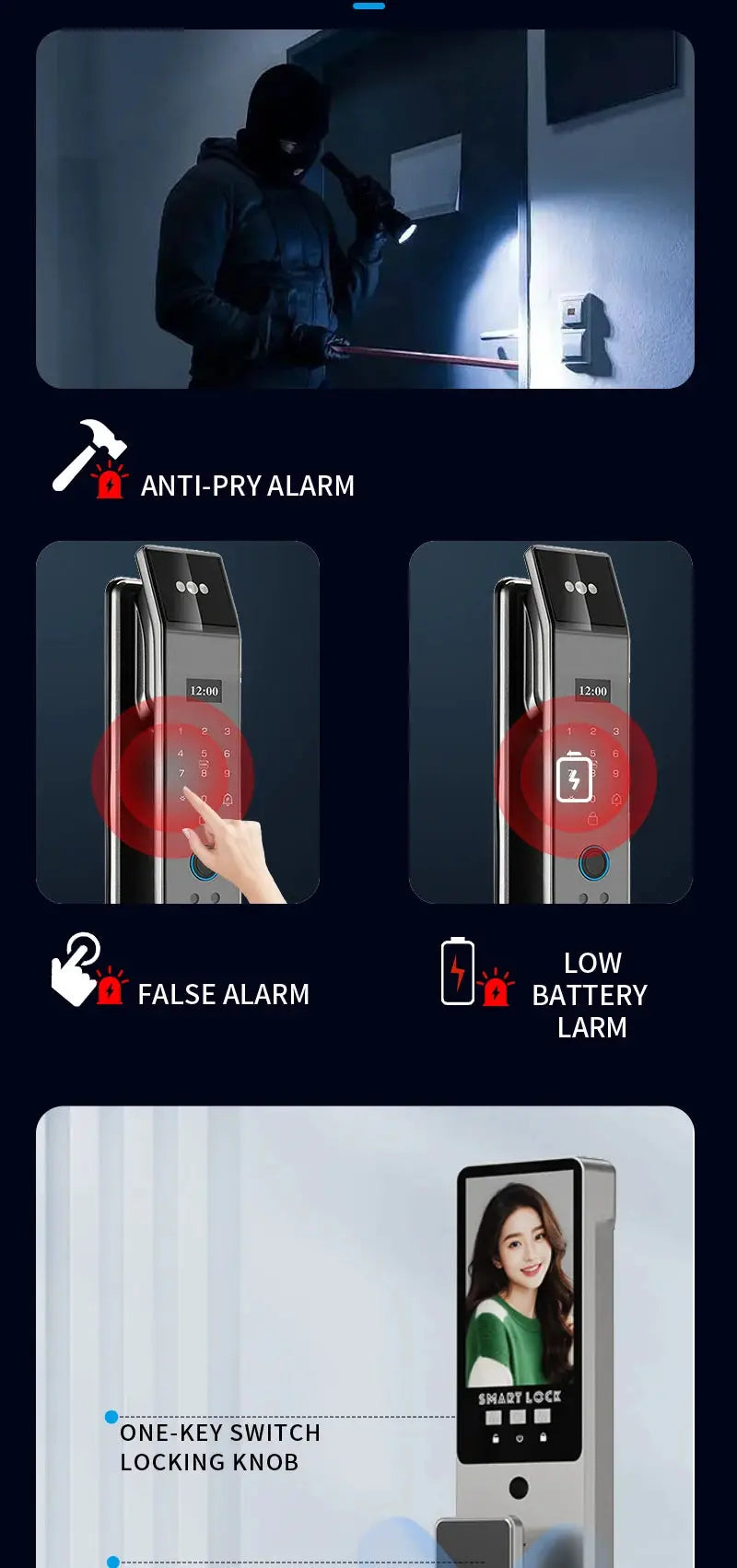 XSDTS wifi smart door lock with camera and touchscreen keypad, metallic black finish, anti-pry alarm