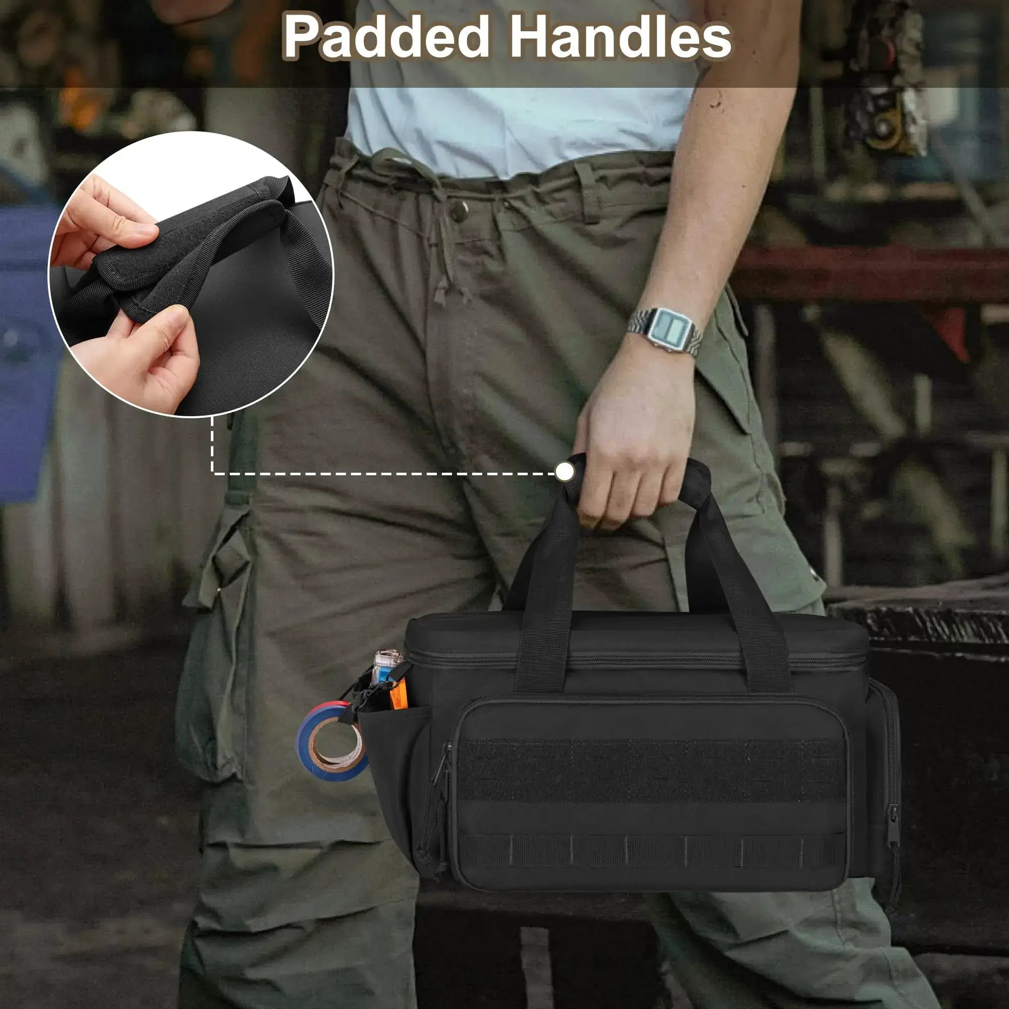 Toolkit bag with shoulder strap by Simples Market; black, padded handles, anti-friction bottom, multi-pocket design