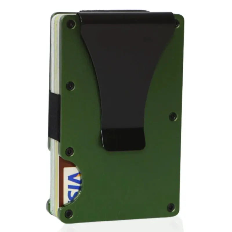 Minimalist RFID aluminum wallet with money clip; green, slim and durable