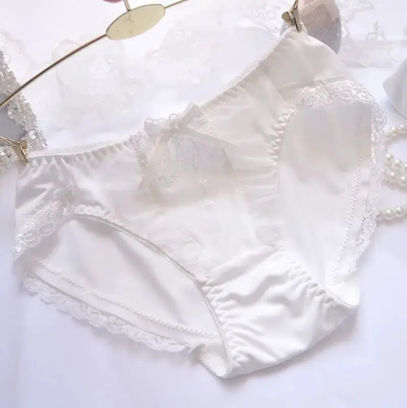 Cotton ruffle panties by Simples Market, white lace trim with bow, breathable underwear briefs