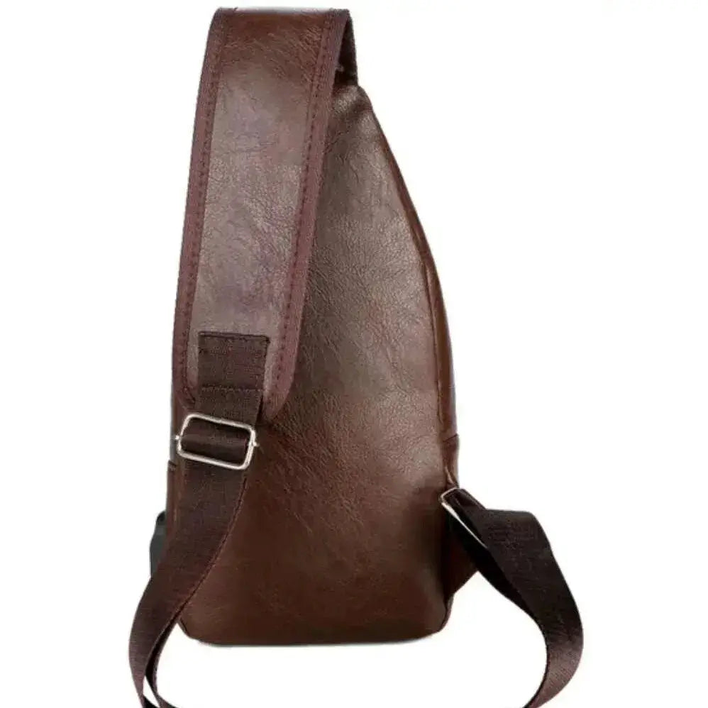 Brown PU leather men's crossbody chest bag with adjustable strap.