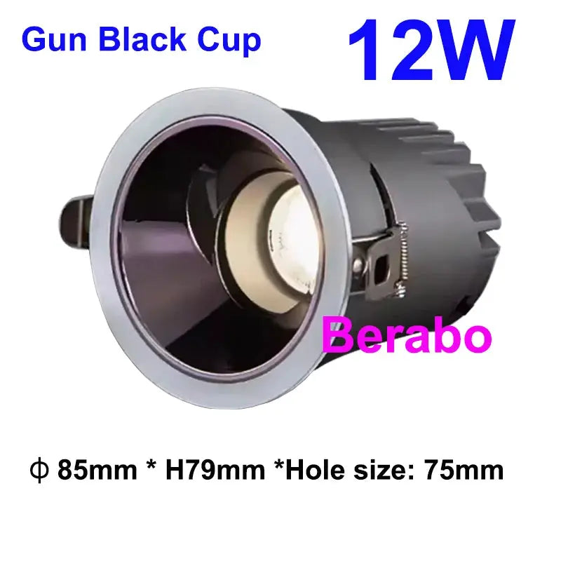 Recessed LED downlight, 12W, gun-black cup finish, Berabo, 110–220V