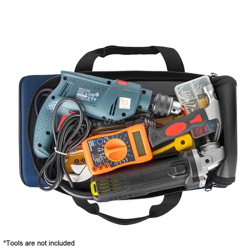 Heavy Duty Polyester Tool Bag by Simples Market, blue/black, open with drill, multimeter and assorted hand tools.