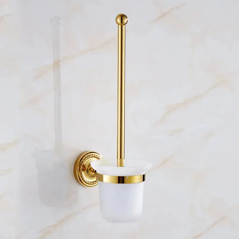 Luxury gold brass bathroom accessories set wall-mounted with frosted cup and gold trim