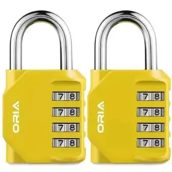 ORIA 2-pack 4-digit combination padlocks, yellow with silver shackles, waterproof outdoor locks
