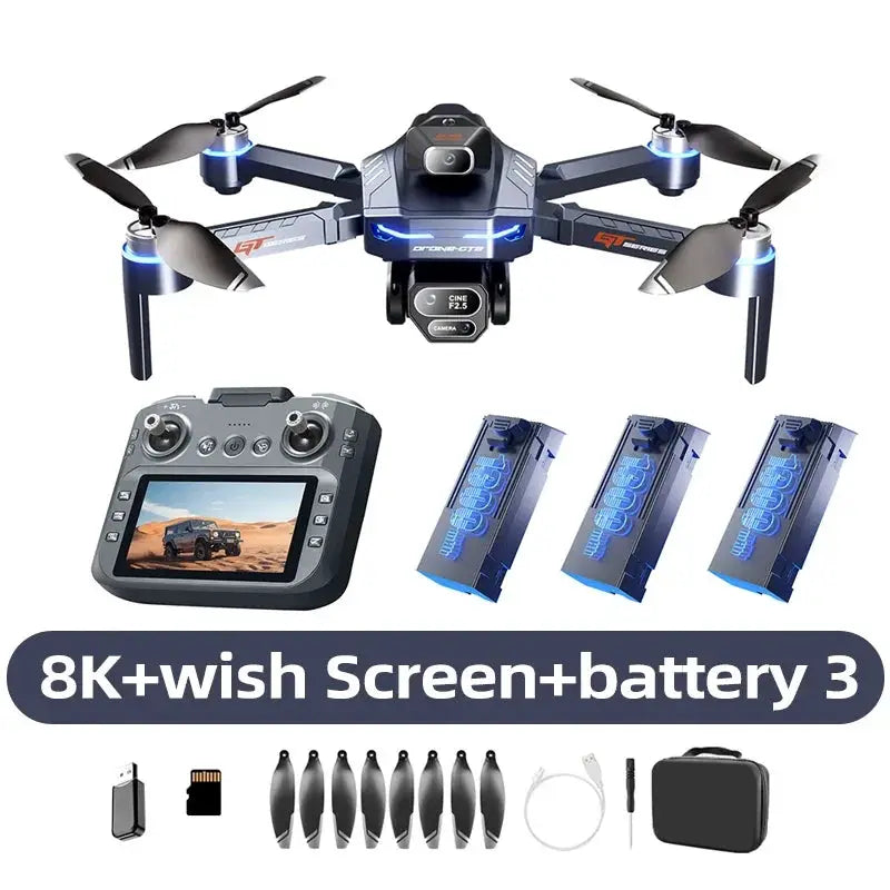 Lenovo GT8 drone with folding gray body and blue LEDs; includes remote controller, 3 batteries, and spare propellers.