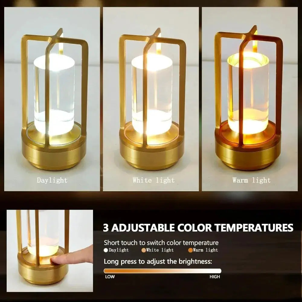 GGbingo cordless LED table lamp; gold-tone frame with glass cylinder, Simples Market, daylight, white, and warm light.