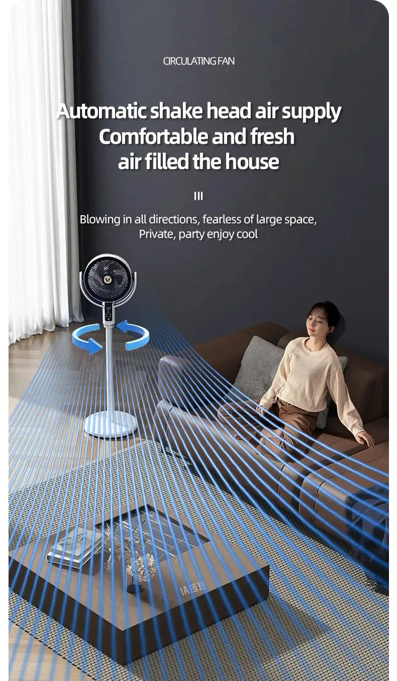 Standing floor fan by Simples Market, white with circular grille in living room.