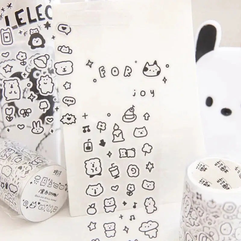 Decorative tape roll, Mr.paper 200cm hand-drawn small pattern, Simples Market, white tape with black doodle designs.