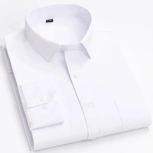 Men's white long-sleeve dress shirt, folded with classic collar and button-front placket, office-ready.