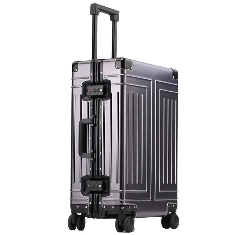 Simples Market travel suitcase, aluminum–magnesium hard-shell case in metallic gray with 4 wheels.