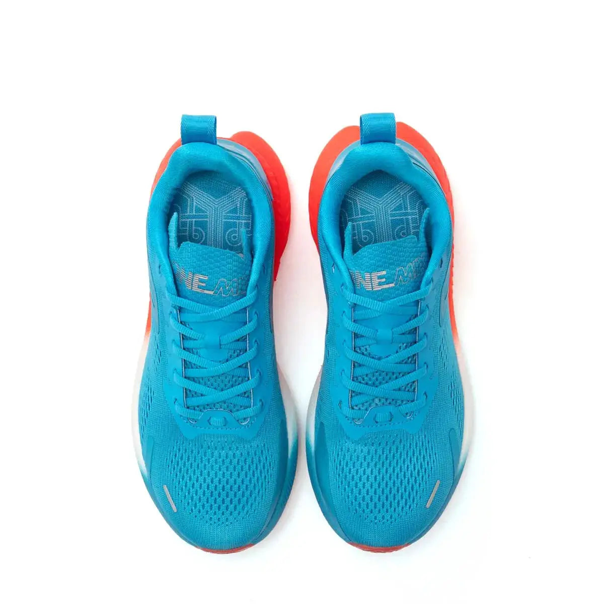 ONEMIX men's breathable mesh running shoes in bright blue with orange soles, lightweight athletic sneakers, 2 shown