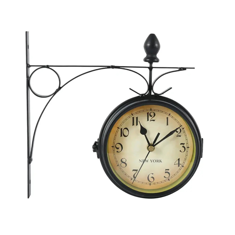 Wall clock, retro double-sided, battery-operated with black metal bracket and beige dial