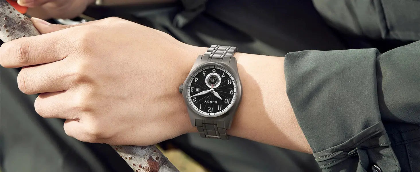 BERNY full titanium automatic men's watch on a gray metal bracelet with black dial and silver indices