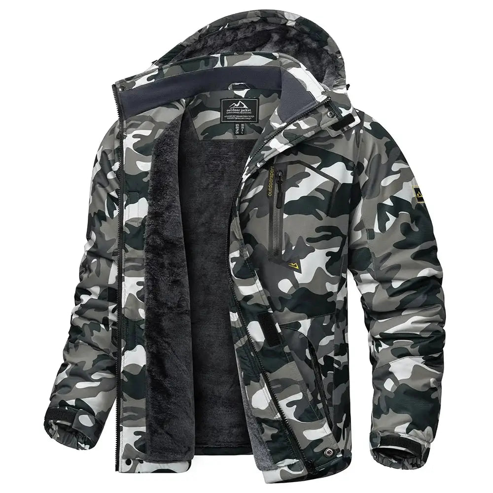 KEFITEVD men's camouflage waterproof winter ski jacket with warm fleece lining and hood