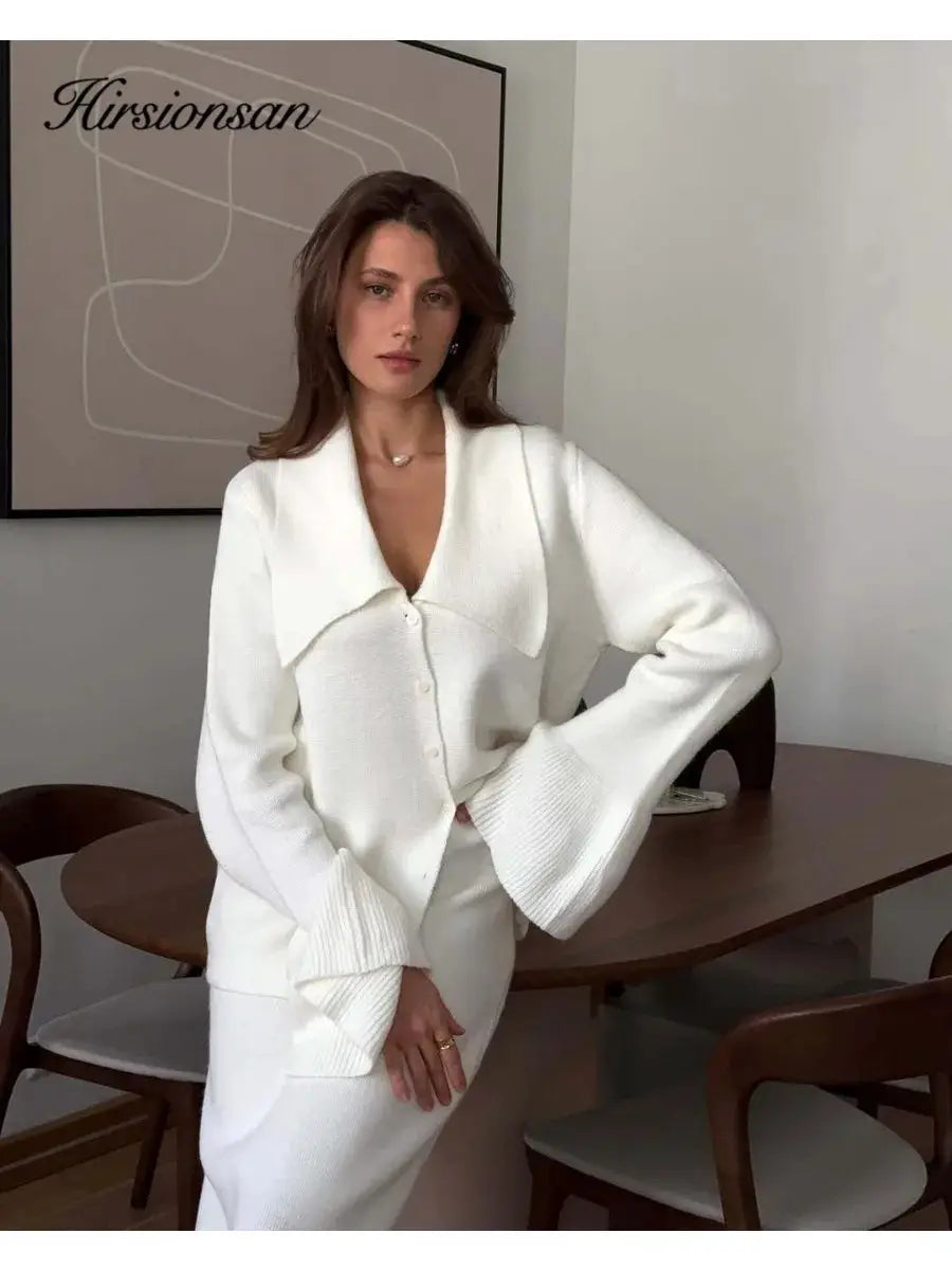 Hirsionsan Two Piece Set Women Polo Neck Cardigan And Midi Dress