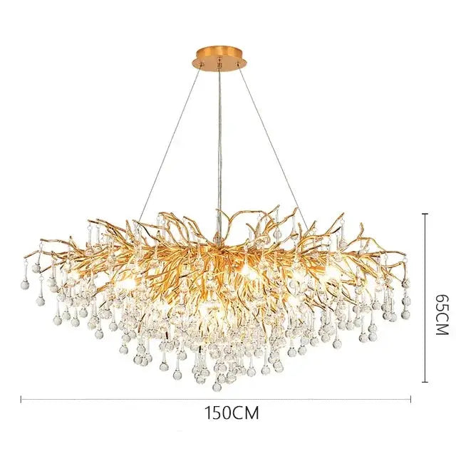 Royal Nordic crystal chandelier by Simples Market, gold chrome water-drop pendant light with crystal droplets, 150cm wide