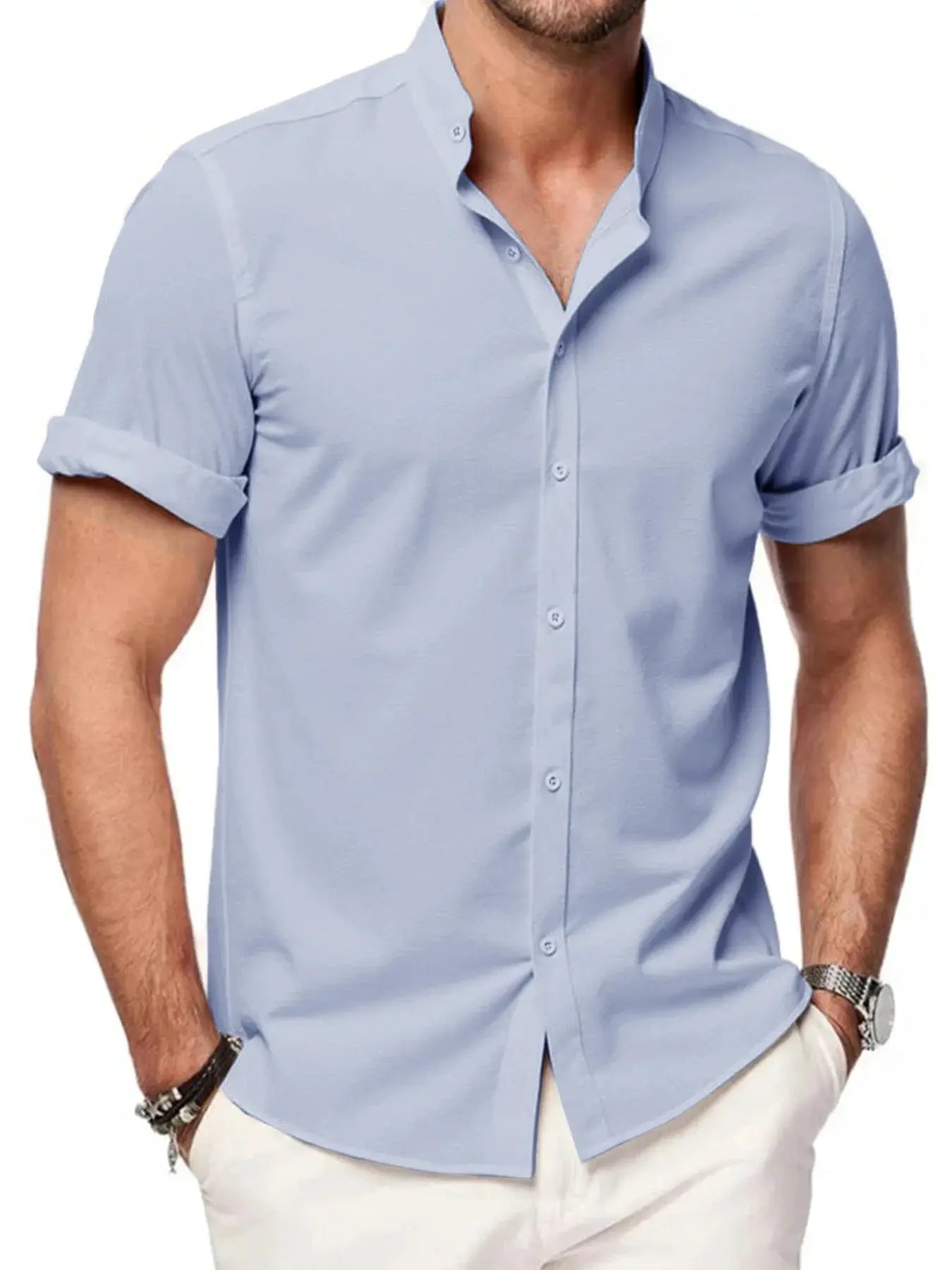 Men's light-blue short-sleeve shirt with stand-up collar, breathable linen, Simples Market