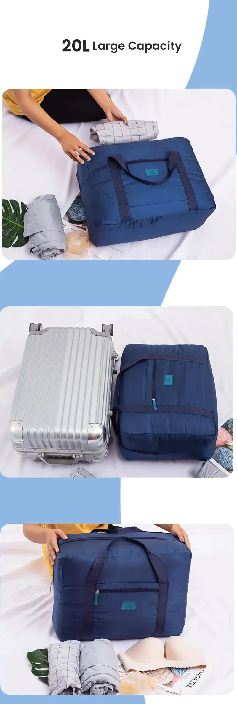 Simples Market 20L foldable blue duffel bag, lightweight travel carry-on with dual handles