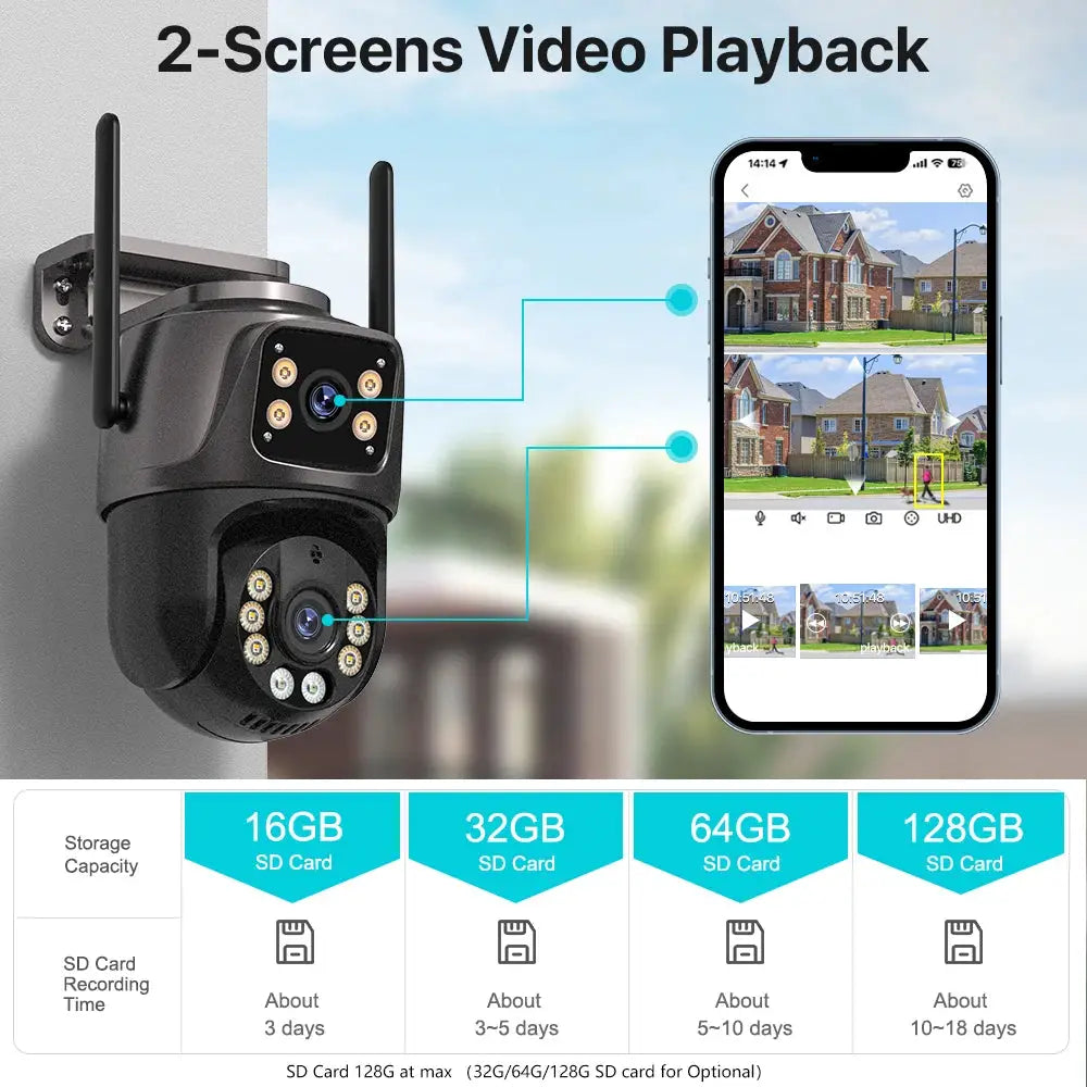 4K 8MP HD WiFi PTZ Outdoor Camera With Dual Lens And Dual Screen AI Auto Tracking IP CCTV Night Vision P2P iCSee