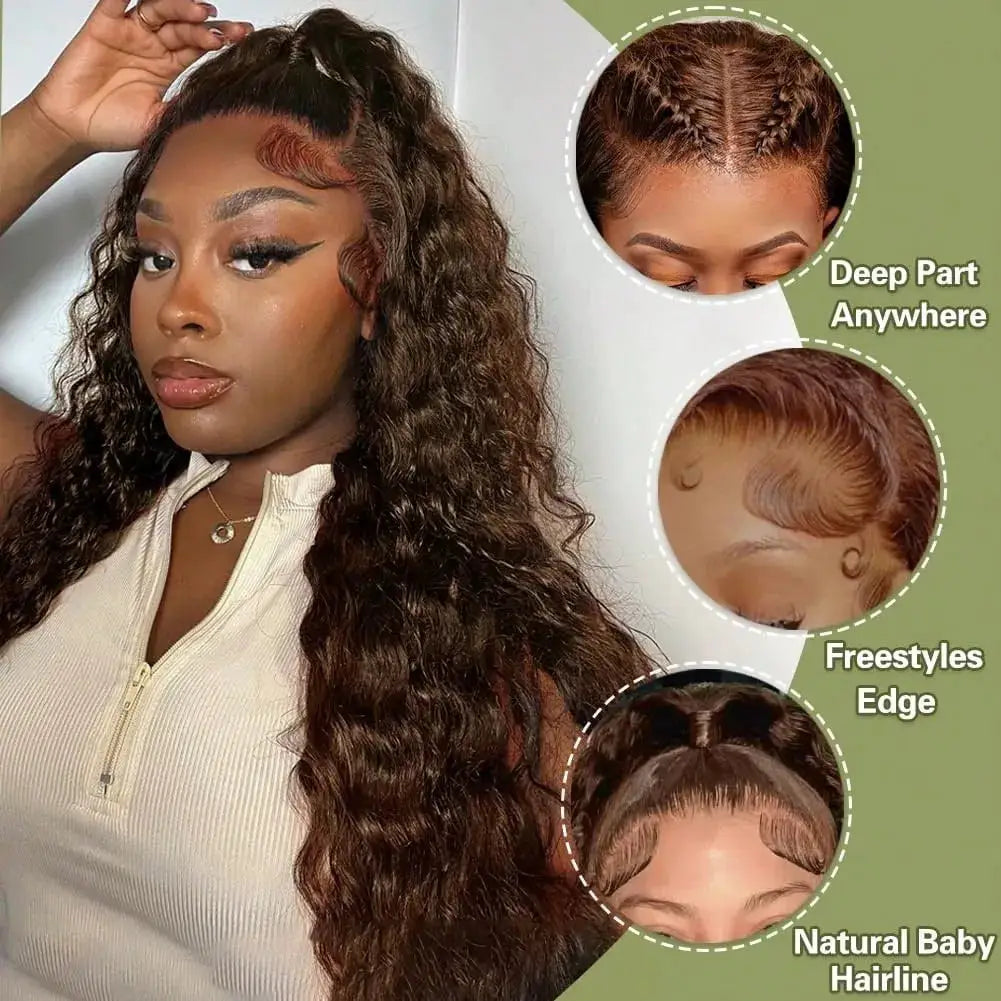 Chocolate Brown Deep Wave 13x6 Lace Front Wig Human Hair Water Wave 250 Percent Density Pre Plucked