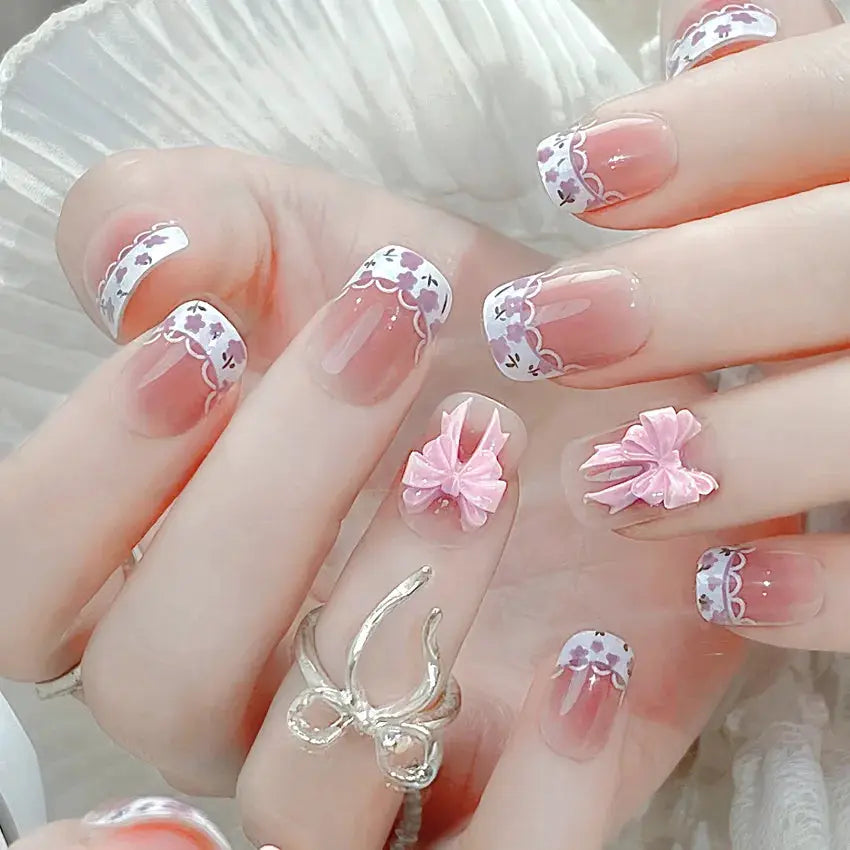 LuxeNail Blush Pink False Nails Bowknot Diamond Pearl Design Press On Nail Tips Harmless Smooth Edge Safe DIY Mani